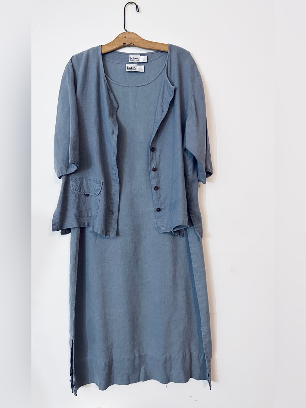 Kiko 100% Linen Blue  2-Piece Set Button-Front Jacket & Midi Dress Women size L - Picture 12 of 12